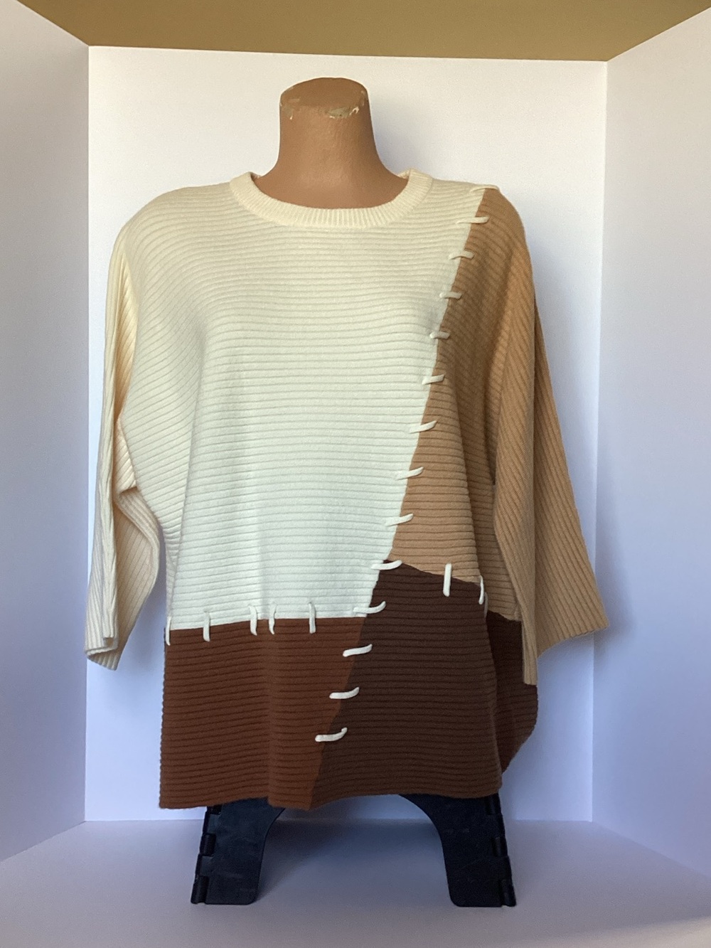 Multiples Colorblock Ribbed Sweater in Cream, Tan & Brown
